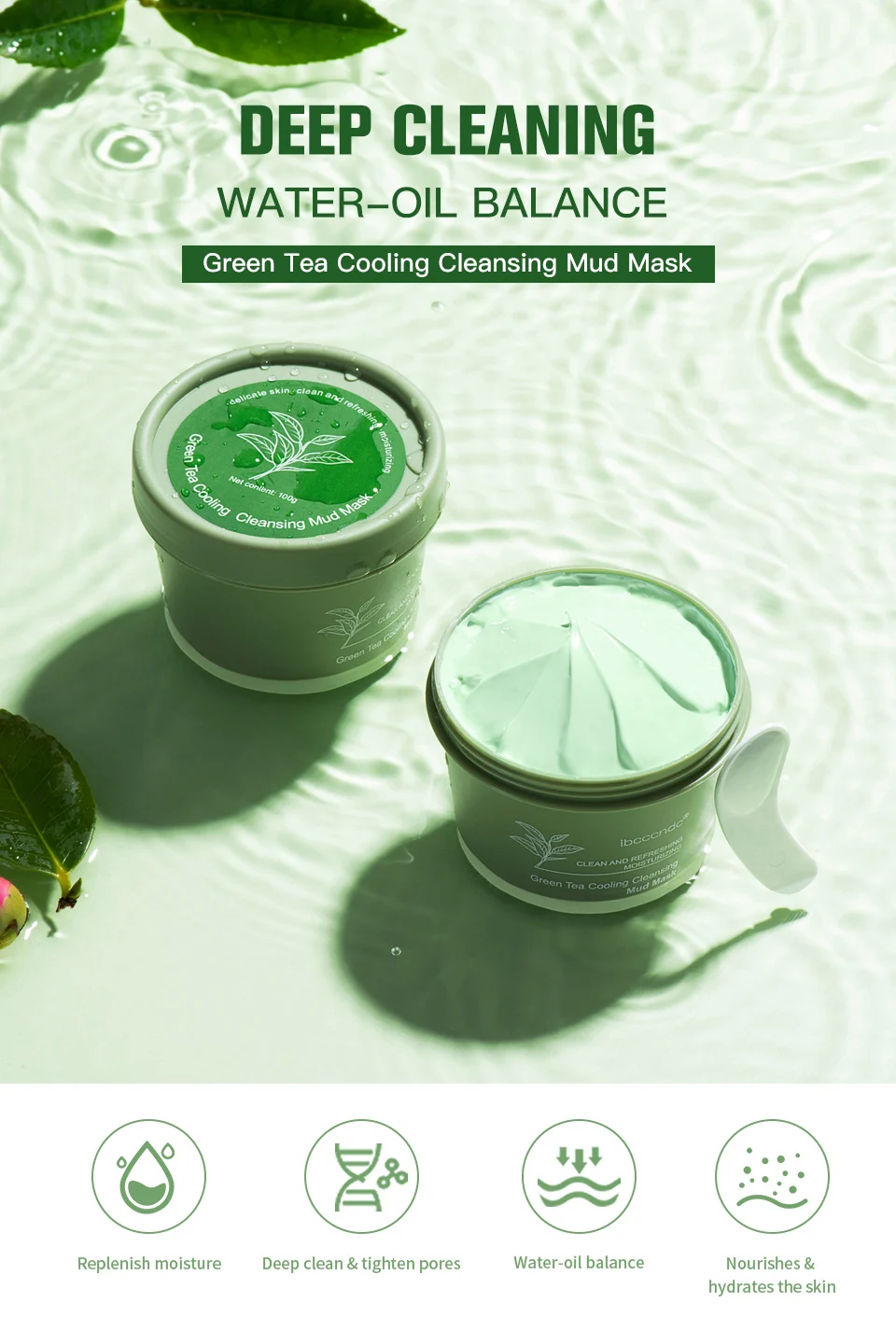 Green Tea Cooling Cleansing Mud Mask for Deep Pore Cleaning and Blackhead Removal - 100g 1 green tea cooling cleansing mud mask lak 5m89phgv desc 1