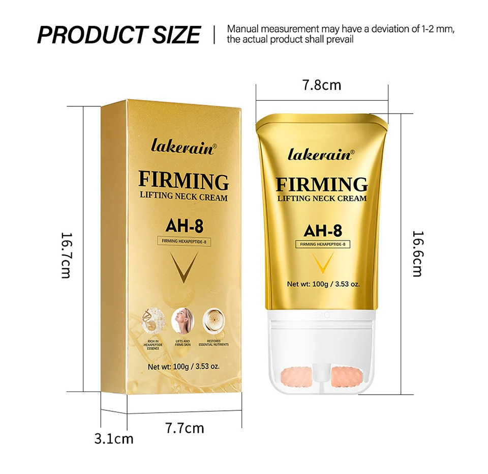 Neck Firming Cream with Dual Roller Massager - AH-8 Peptide Anti-Aging Lifting Moisturizer for Wrinkles & Fine Lines (100g) 11 neck firming cream ah8 roller massager lak dv2fbnh7 desc 11