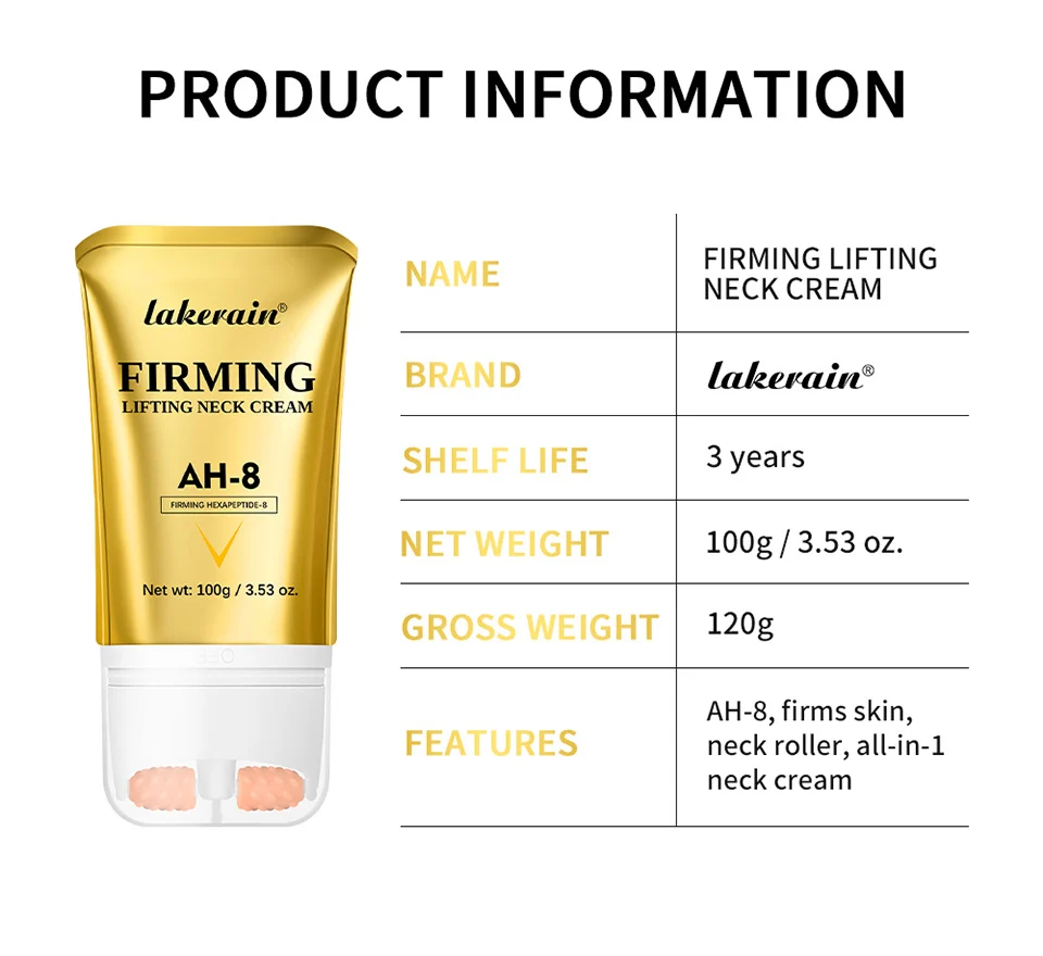 Neck Firming Cream with Dual Roller Massager - AH-8 Peptide Anti-Aging Lifting Moisturizer for Wrinkles & Fine Lines (100g) 12 neck firming cream ah8 roller massager lak dv2fbnh7 desc 12