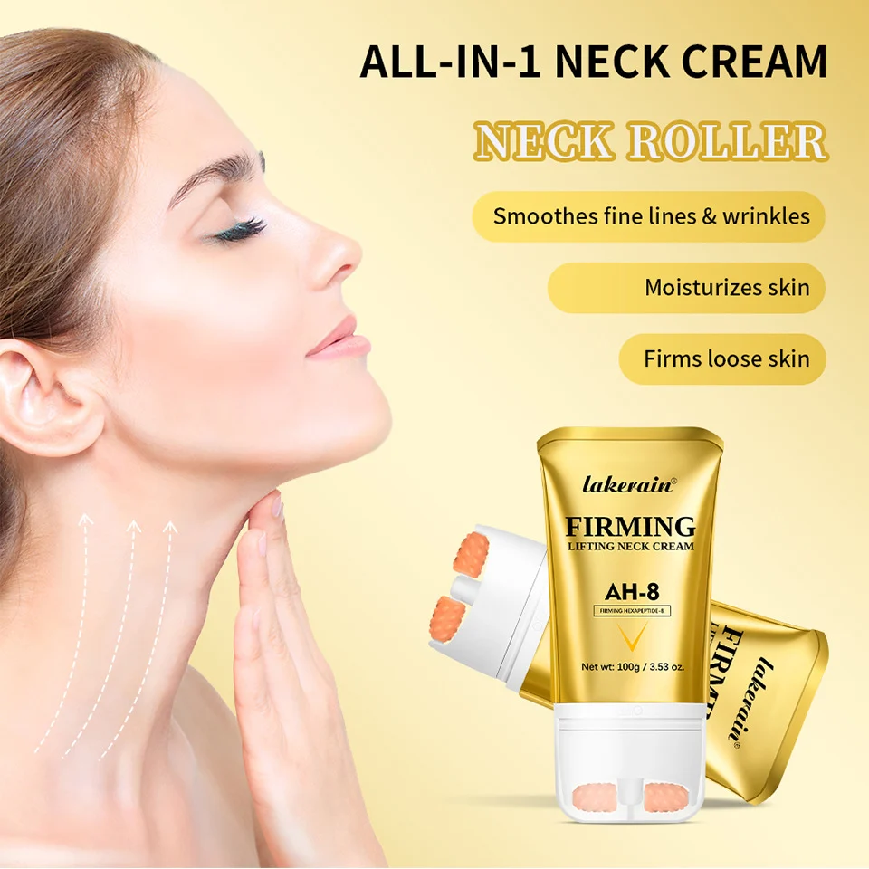 Neck Firming Cream with Dual Roller Massager - AH-8 Peptide Anti-Aging Lifting Moisturizer for Wrinkles & Fine Lines (100g) 4 neck firming cream ah8 roller massager lak dv2fbnh7 desc 4